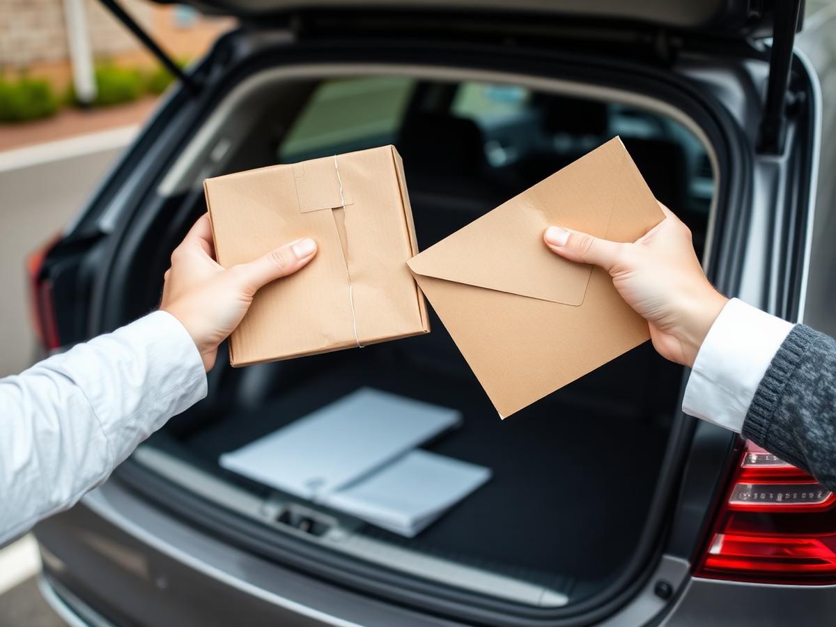 Petit colis et enveloppe scellée remis en main propre près du coffre ouvert d'un véhicule