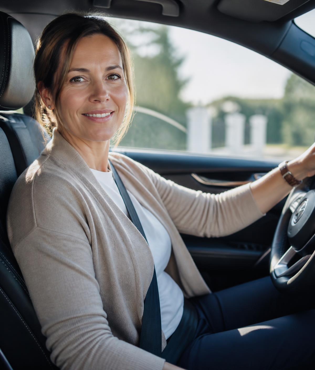 Chauffeuse privée professionnelle au volant d'un véhicule moderne, tenue quotidienne soignée, lumière naturelle