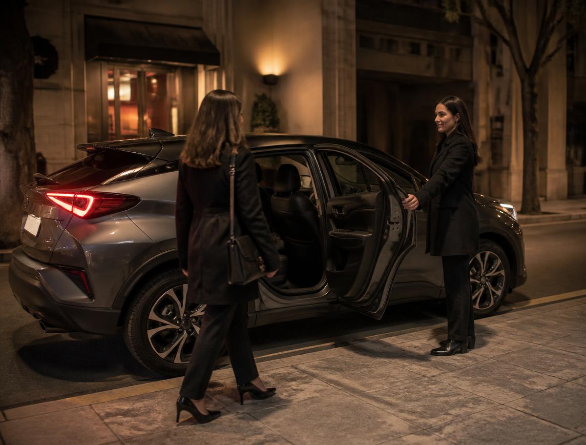 Chauffeuse ouvrant la portière arrière d'une Toyota C-HR grise stationnée pour accueillir une cliente le soir