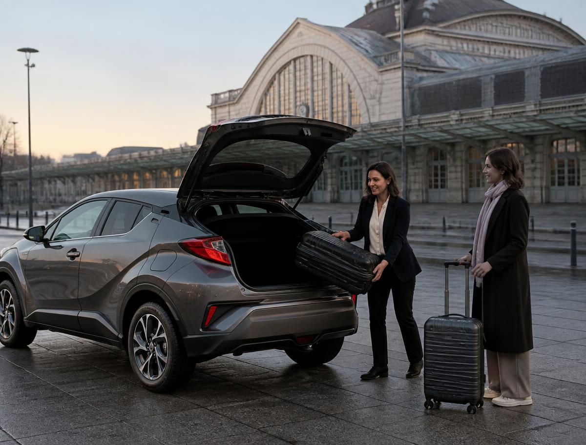 Chauffeuse chargeant les bagages d'une cliente dans le coffre ouvert vers le haut d'une Toyota C-HR grise stationnée devant une gare